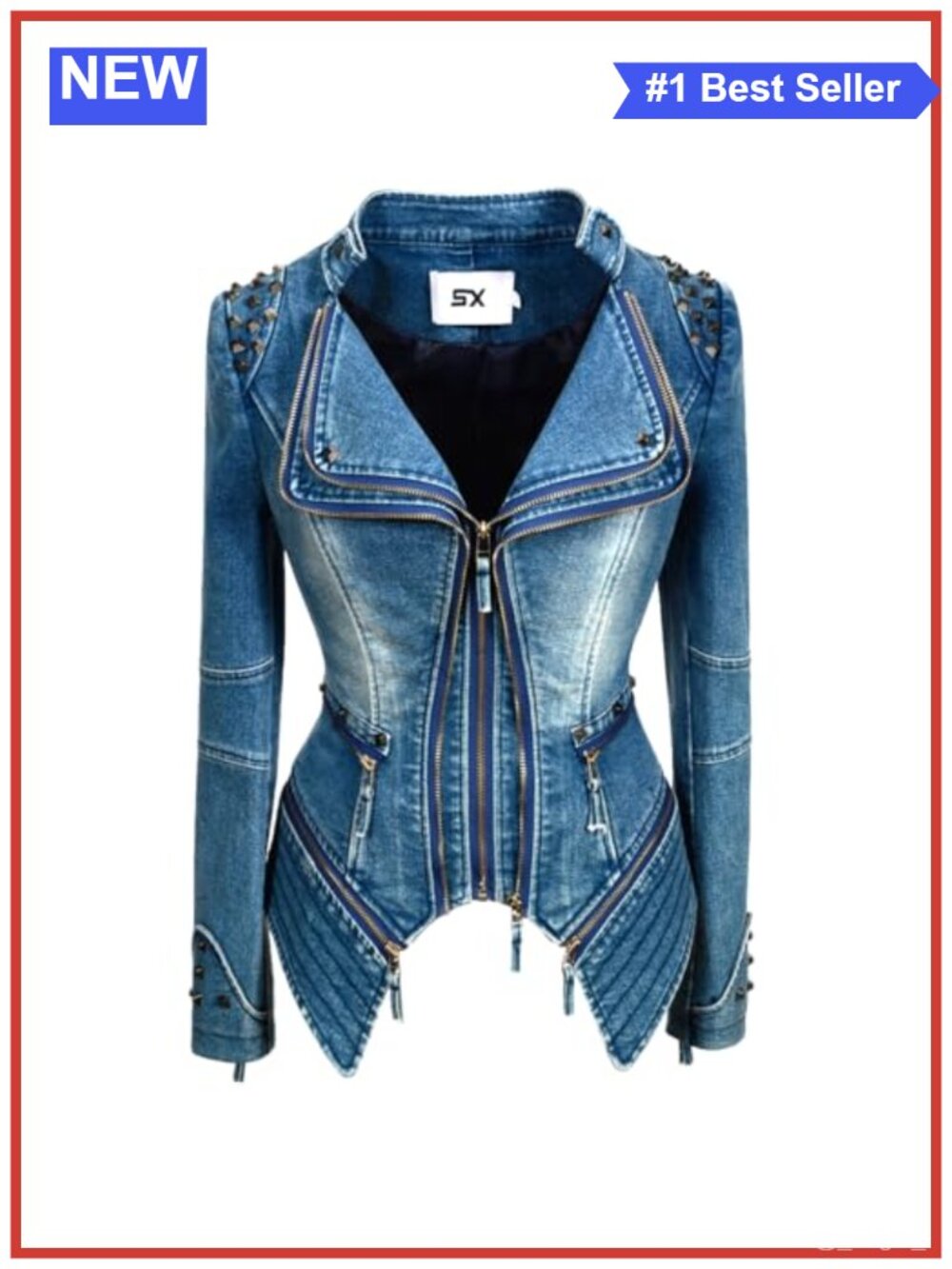 Rivet Faux Leather Moto Biker Jacket Double Zipper Denim Coat